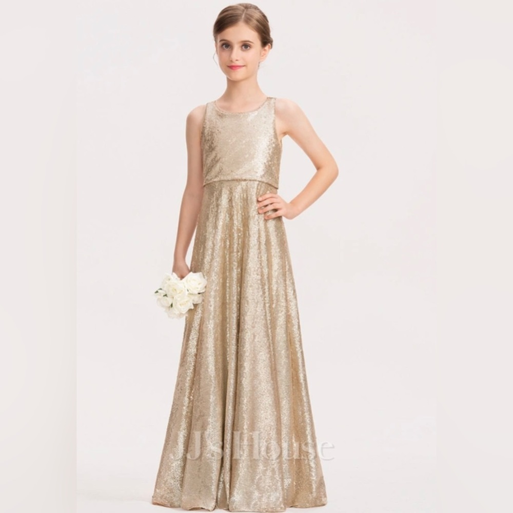 A-line Scoop Floor-Length Sequin Junior Bridesmaid Dress sz 6